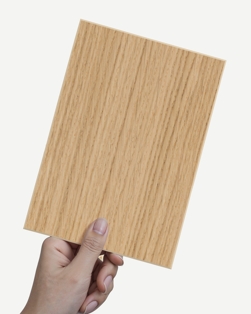 Hand holding a wooden sample panel showing fine wood texture for Fronten Muster - Holz Fein product.