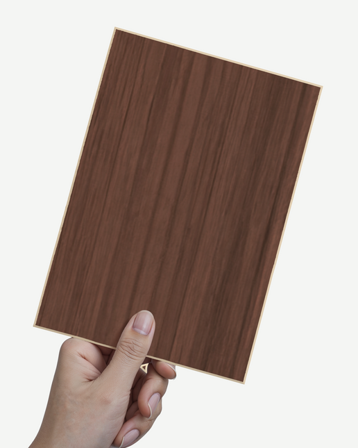 Hand holding a wood grain sample board for Fronten Muster - Holz Fein product display.