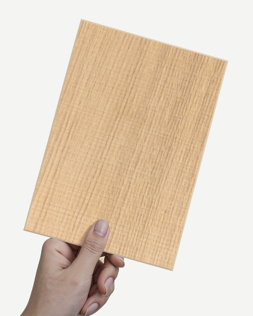 Hand holding Fronten Muster - Holz Rustikal wood texture sample for furniture surface selection.