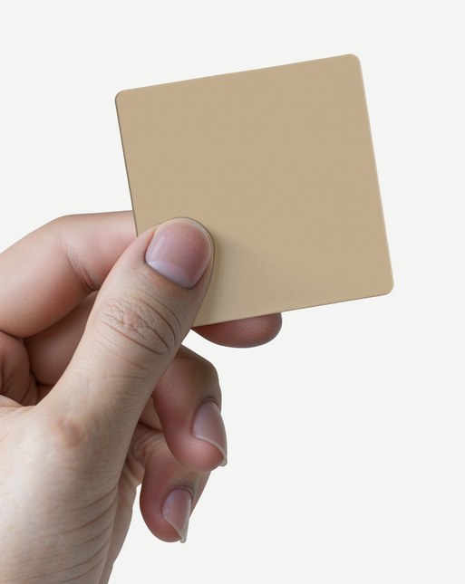 Hand holding a beige 5x5 cm sample of Fronten Muster - Matt surface for IKEA furniture customization.